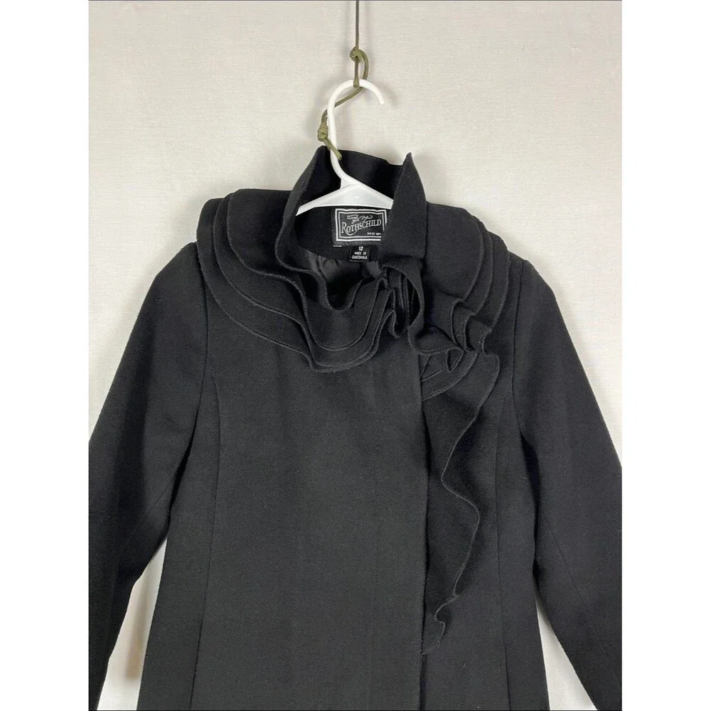 Rothschild Black Button Down Trench Coat Frilly Collar Big Girls 12